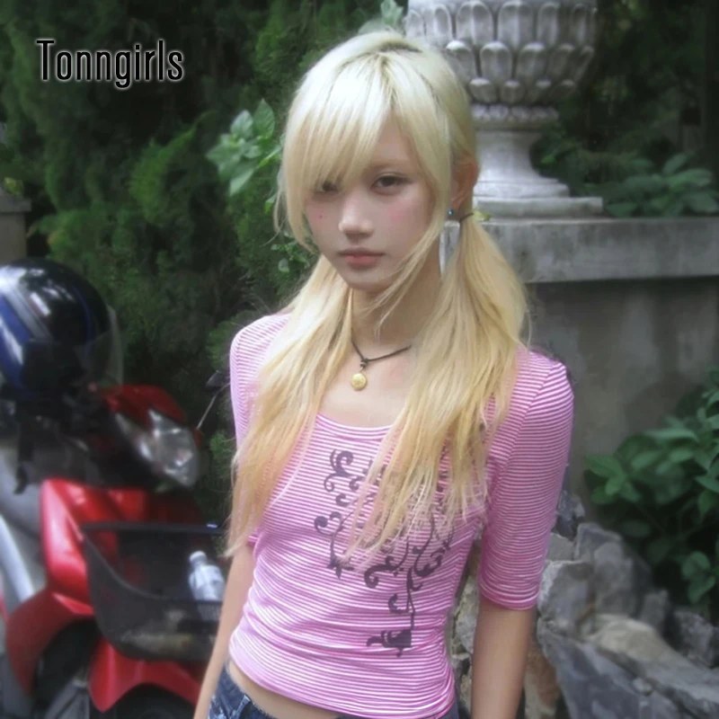Image of Tonngirls Koreanischer Stil Gestreiftes T-Shirt Damen Slim Fit Grafik-Print Tops Kurzarm Y2k Vintage Tops Japanische 2000er Streetwear Tee