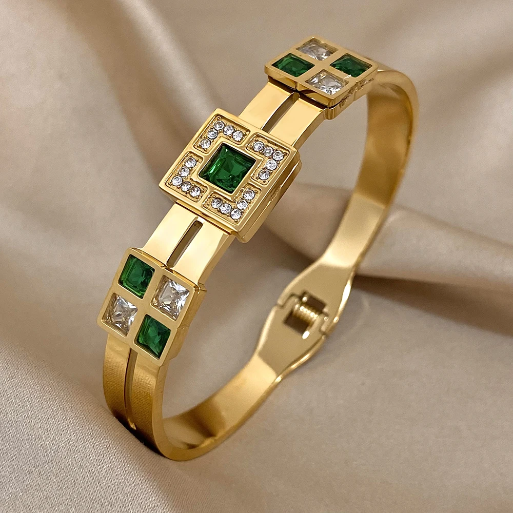 Freetry Exquisite Stainless Steel Large Green Zircon Gold Plated Bracelet Rhinestone Layered Cuff Bracelet Waterproof Jewelry