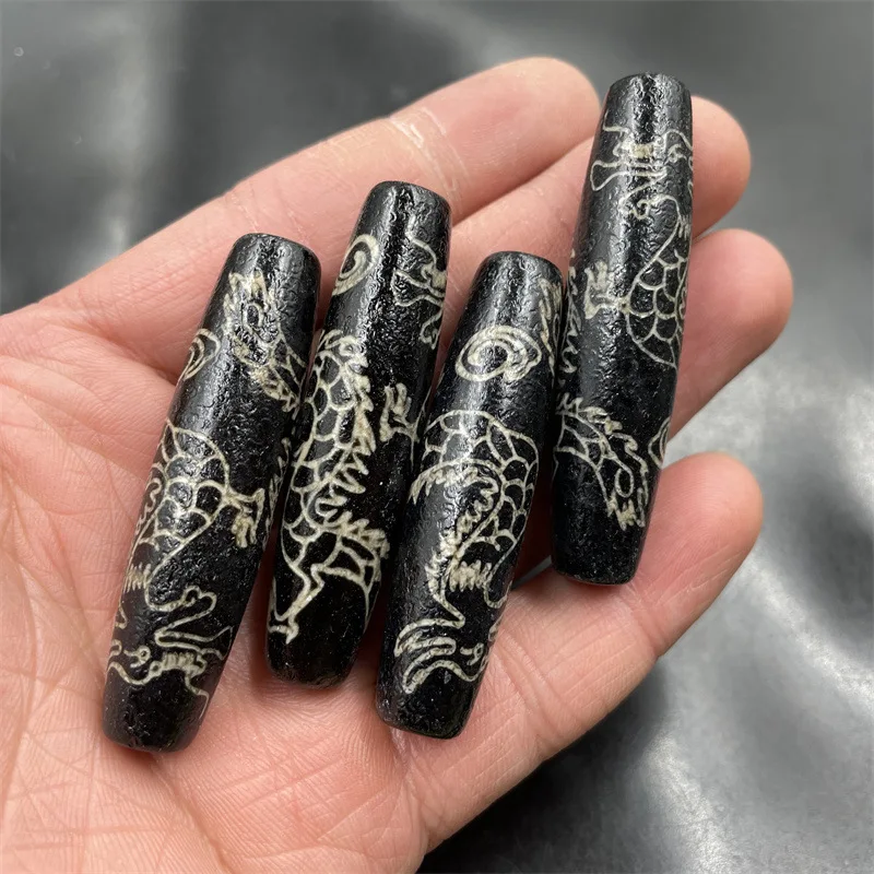 Cheap Jade Tibetan Retro Distressed Coated Black Dragon Pattern Agate Le Zi 57mm Long Agate Tube Beads