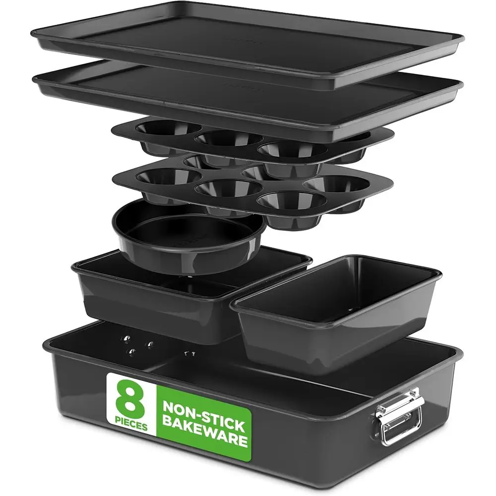 

8-Piece Nonstick Bakeware Set - Steel Round Cake Pan, 6-Cup Muffin Pans, Brownie & Loaf Pans, Cookie Sheet, Roaster Pan (Black)