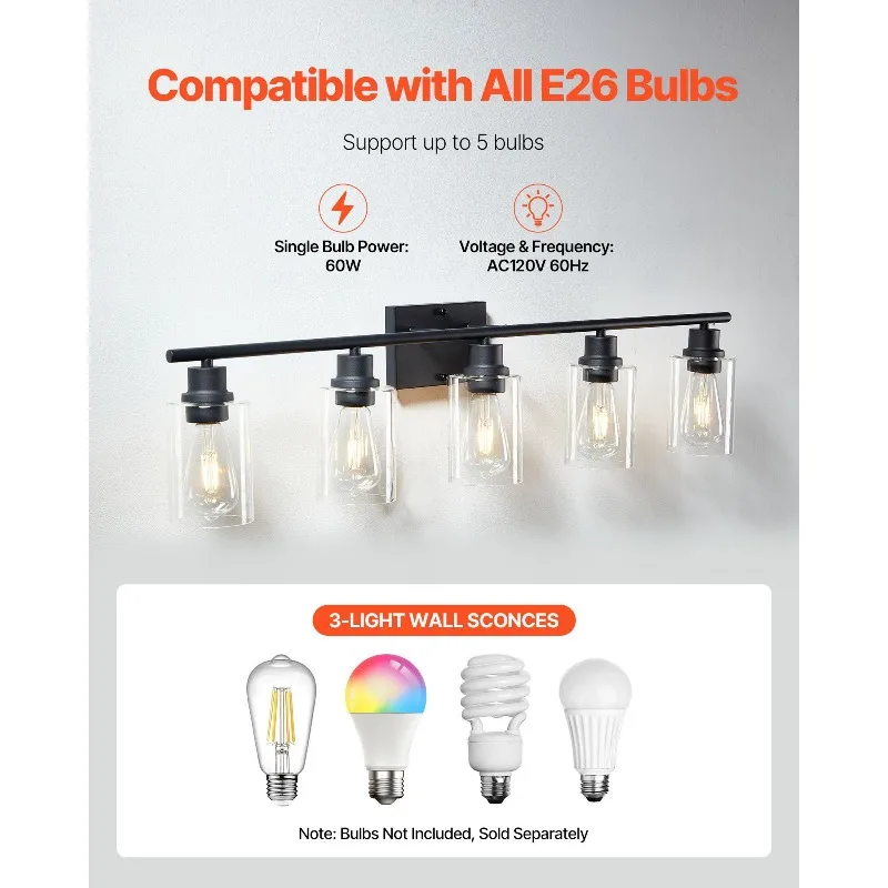 Luminária moderna de 5 luzes para banheiro, luminárias de parede de 37,1 polegadas sobre espelho