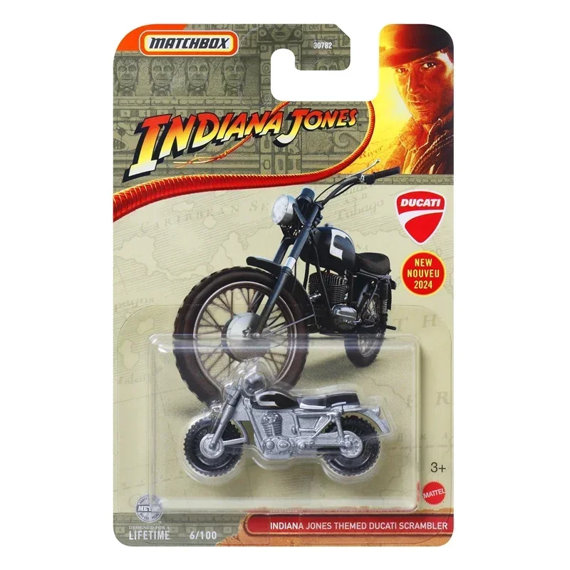 Mattel-coche Matchbox Original 1/64, vehículo fundido a presión 24J Indiana Jones, Ducati Scrambler con temática, Volkswagen Golf Gte, juguetes para