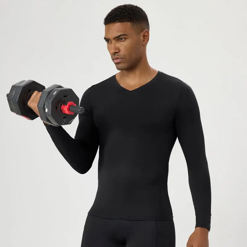 

Men's V-Neck Fitness Suit Long-Sleeved Tight-Fitting Quick-Drying Sweat-Wicking T-Shirt Breathable Running Training Base Top