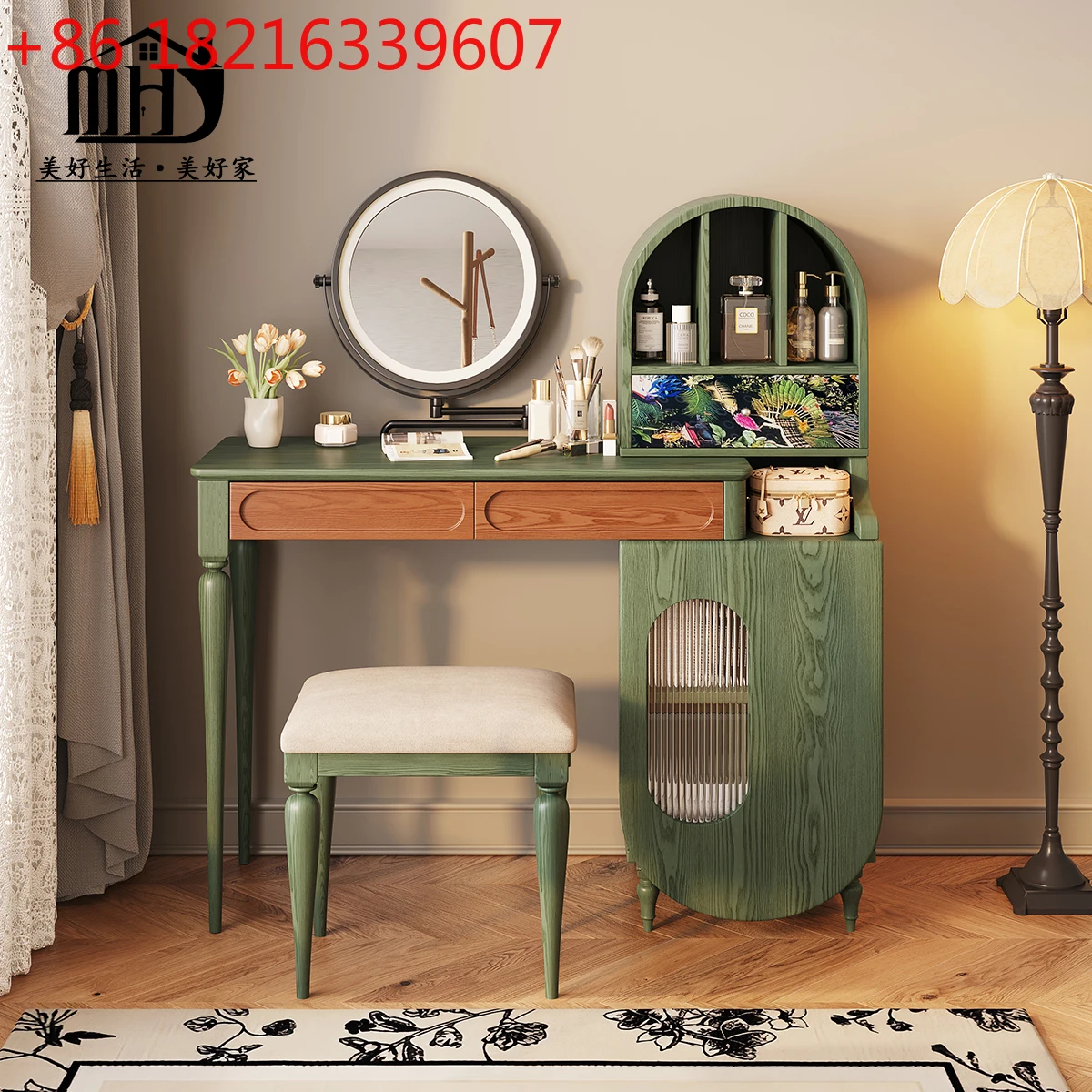 

French retro dresser solid wood retractable antique green dresser chest integrated