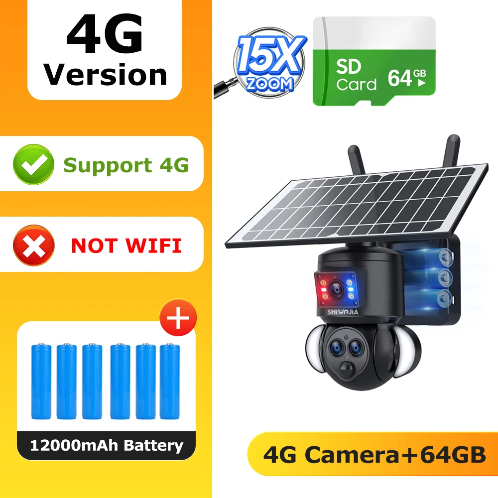 SHIWOJIA 4K 8MP Solar Camera 4G SIM/WIFI Beveiliging Outdoor Dual Lens Opname Humanoïde Tracking Kleur Nachtzicht PTZ Cam