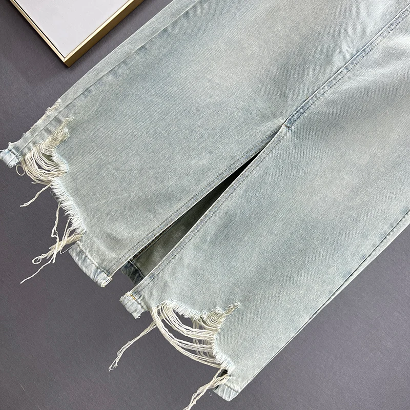 Straight Ripped Denim Skirt for Women 2023 New Spring Summer High Waist Loose Slim Ins Split Mid-Length Skirt Faldas Mujer