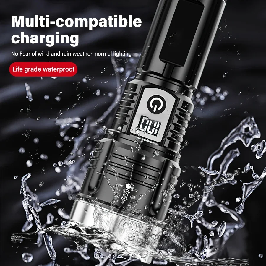 P50 Powerful LED Flashlight Type-C Rechargeable Zoom Torch with Power Display Lantern for Outdoor Camping Fishing Tactical Light