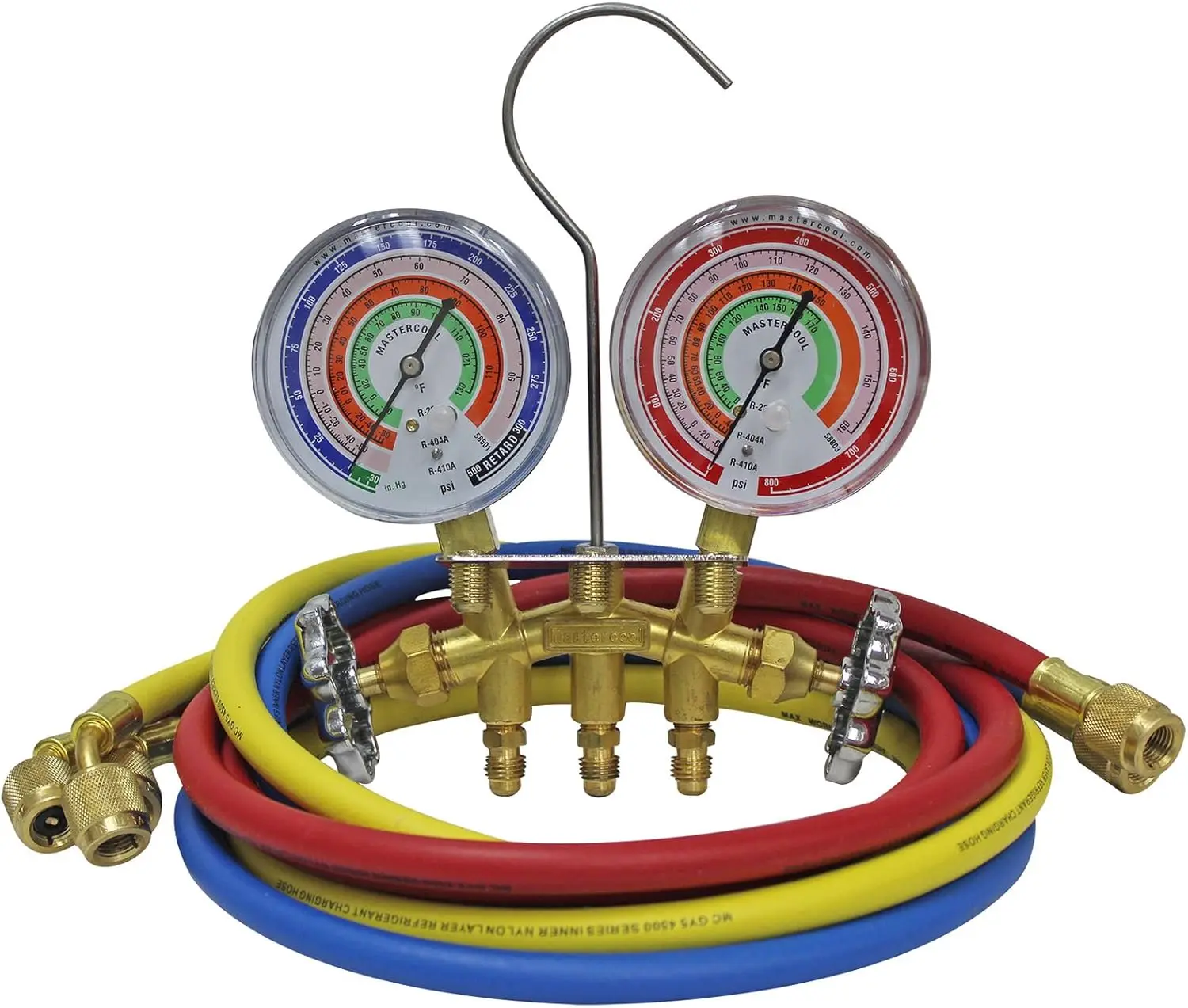 

Heavy Duty Brass Manifold Gauge Set with Silicone Dampened Gauges for R410a, R22, R404A - U.S. Assembled & Tested