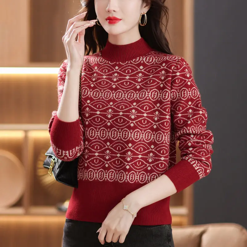 Autumn Winter New Plush Thickened Half High Neck Sweater Women\'s Print Screw Thread Patchwork Long Sleeved Overlay Warm Knit Top