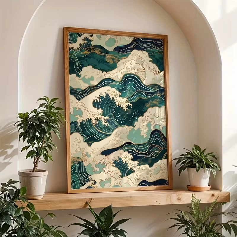 

Japanese Zen Wall Decoration Green Wave Japanese Minimalist Turquoise Canvas Poster Bohemian Decoration Living Room and Bedroom