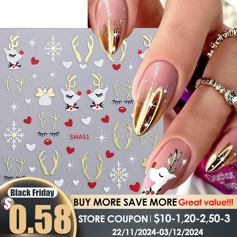 Christmas Nail Art Sticker 3D Winter Antlers Snowflake Elk Reindeer Christmas Hat Decals Self-Adhesive Slider DIY Manicure Decor