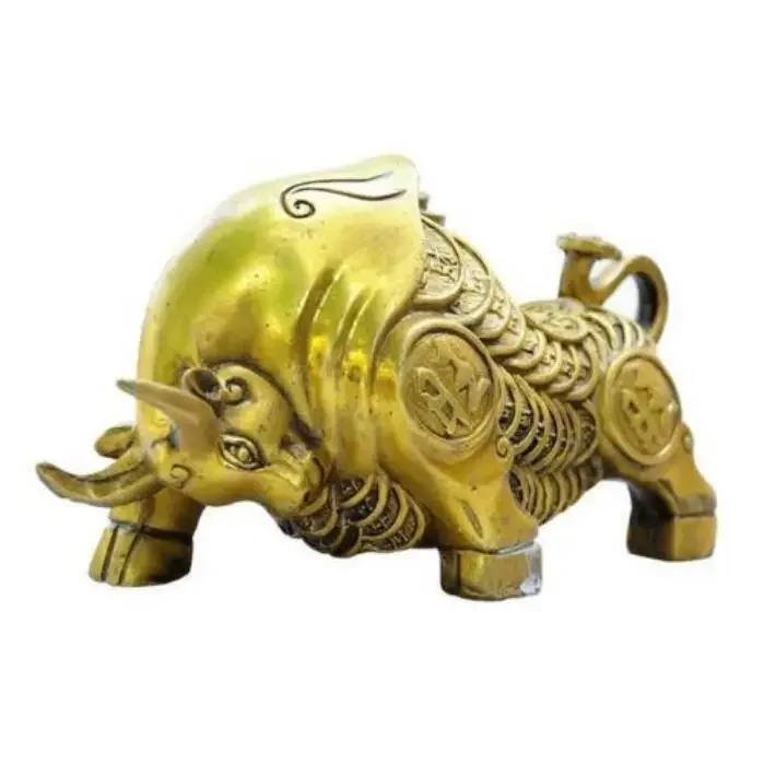 Copper Statue FengShui China Chinese Bronze Wealth 100 Coin RuYi Bull Ox Statue Figurine