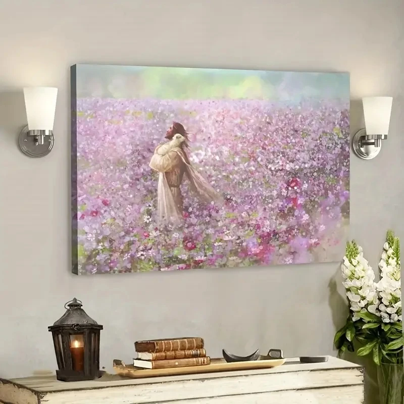 Jesus Christ Holding A Lost Lamb Painting Religious Canvas Prints Pink Flower Field Wall Art Picture Room Decor Christmas Gift