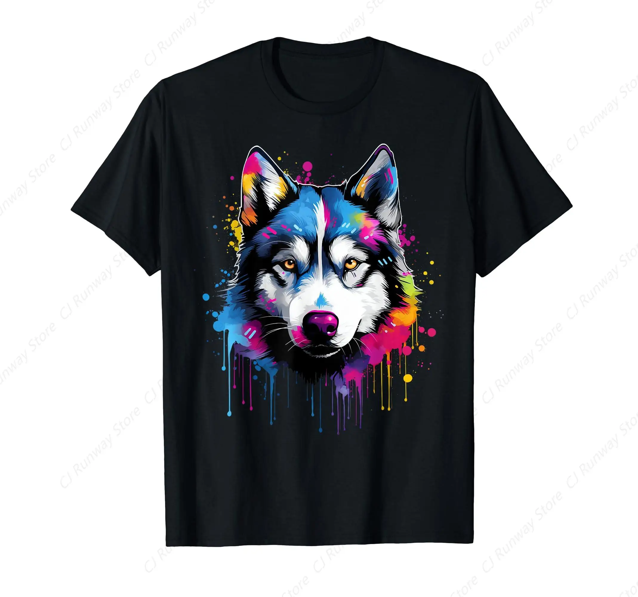 Colorful Siberian Husky Dog T-Shirt Rock T Shirt Hip Hop Streetwear T Shirt Heavy Metal Fashion Casual Plus Size