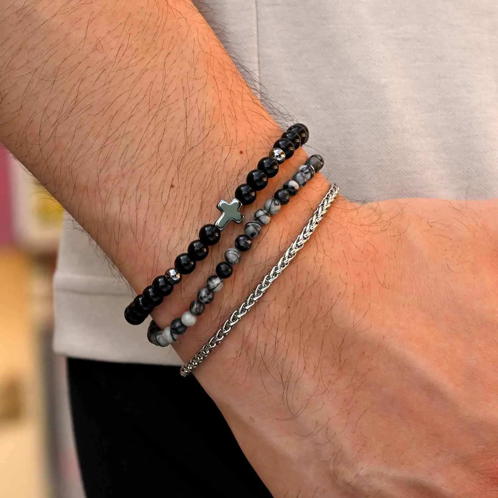 

3pcs Men's Cross Beaded Bracelet,Punk Stainless Steel Chain Bracelet,Vintage Trendy Jewelry Gift for Him Boys