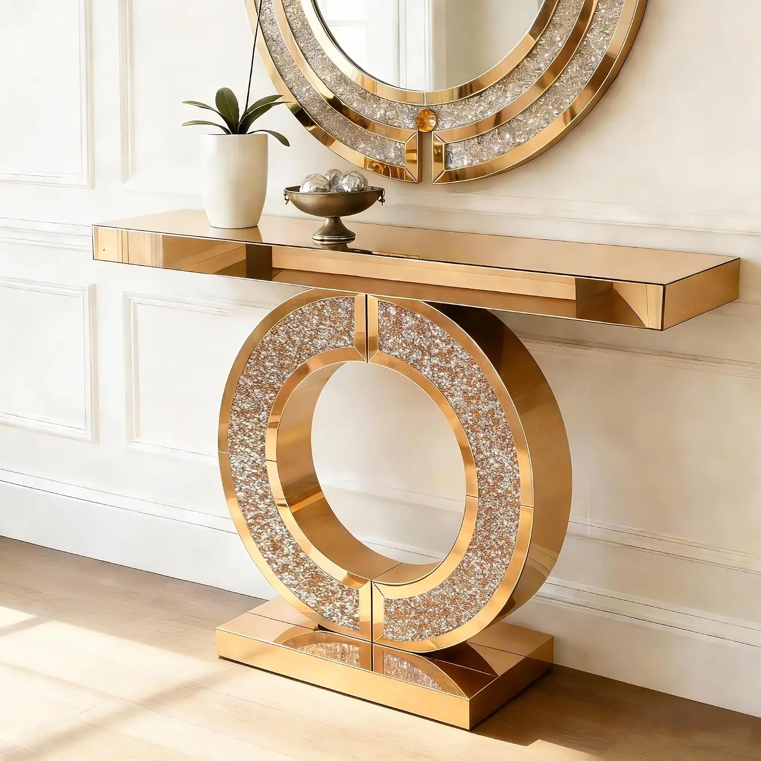 Mirrored Glass Console Table O-Base Diamond Inlay Modern Sofa Table Living Room Hallway Entryway Brown, Customized image 4