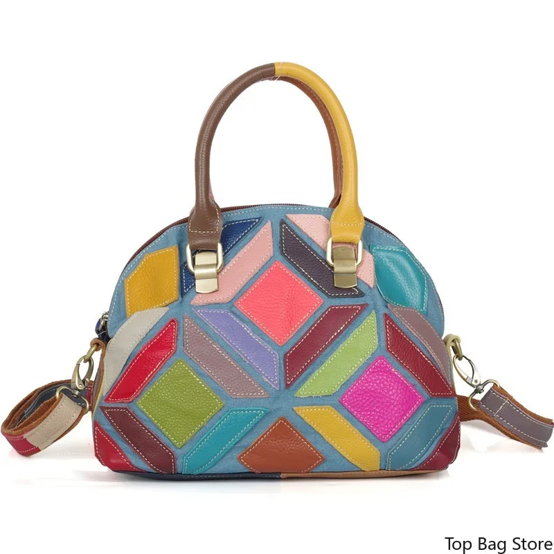 Timeless Vintage Shoulder Bag for Women Genuine Leather Full Grain Leather Everyday Top Handle Hand-Painted Colorblock Handbag