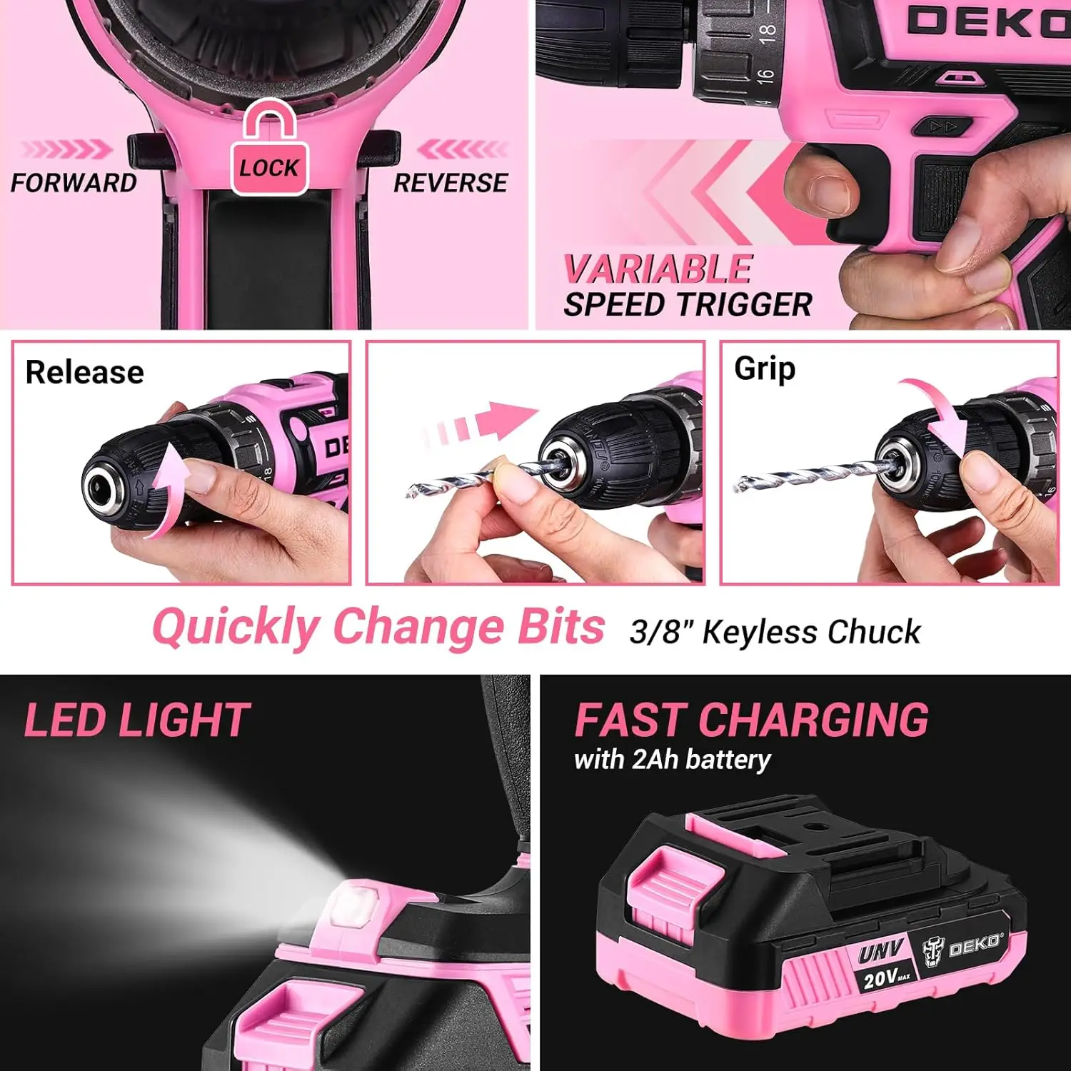 Pink Cordless Drill Kit: 20V Electric Tool Set with Battery & Storage Box