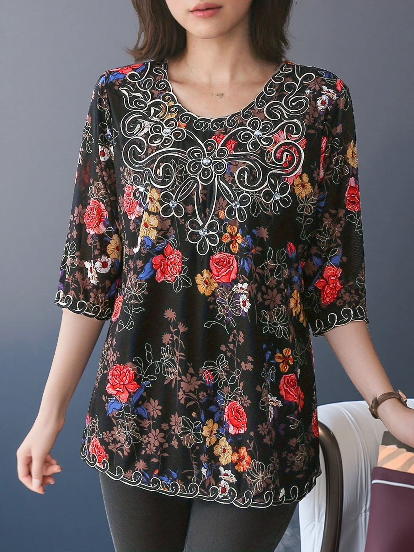 

Женский элегантный топ Panhua с круглым вырезом и рукавами 3/4 для тяжелой промышленности — универсальный для всех сезонов, украшение для фестивальной вечеринки