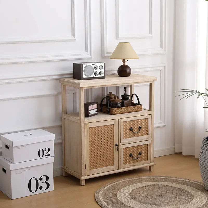 Custom New Chinese Style Solid Wood Side Cabinet with Rattan Bucket Design for Living Room Tea Table or Bedroom Storage