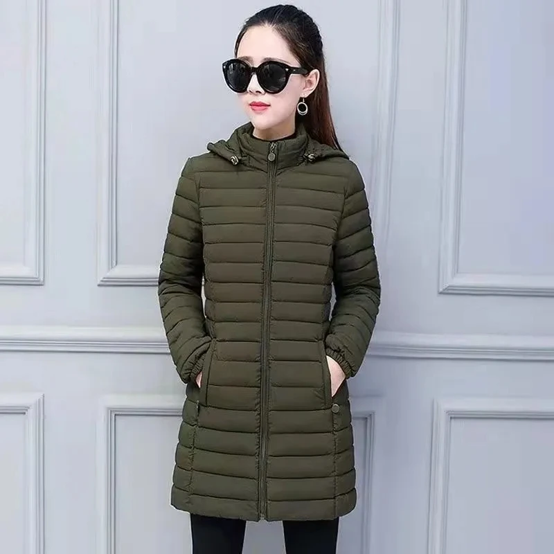 Imagem -03 - Jaqueta Acolchoada Leve para Mulheres Roupas Quentes de Algodão Parka Longa com Capuz Removível Tamanho Grande L-9xl Nova Inverno 2023