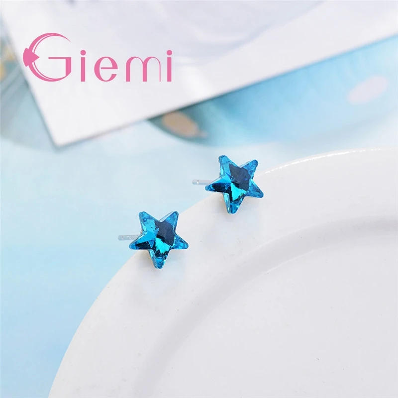 

Pure 925 Sterling Silver Simple Blue Star Design Crystal Stud Earrings for Women Girls Wedding Party Fashion Jewelry Gifts