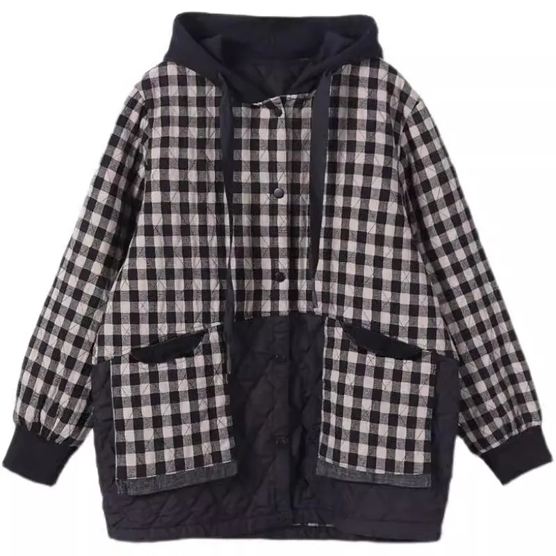 Vintage Plaid Women Parkas 2024 New Autumn Winter Patchwork Hooded Female Cotton-Padded Jackets Quilted Ladies Outwear Coat