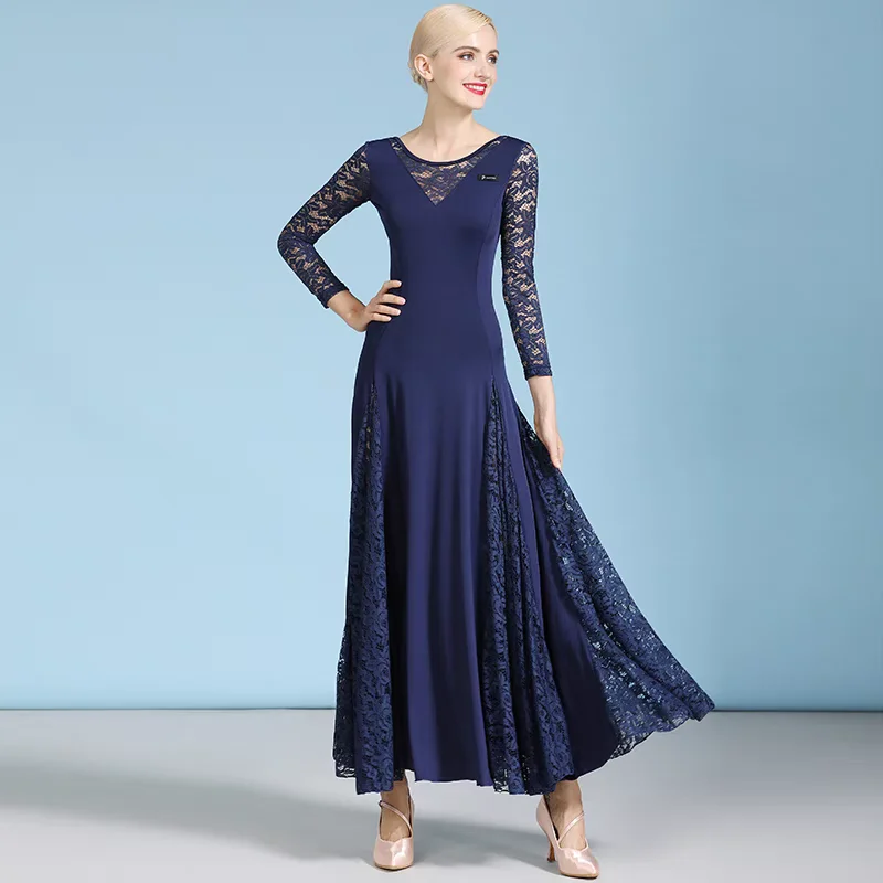 สีดํา Waltz มาตรฐานห้องบอลรูมเต้นรํากระโปรงผู้หญิงชุด Dancewear การแข่งขันเต้นรําชุดเครื่องแต่งกายสุภาพสตรีฝึกสวมใส่