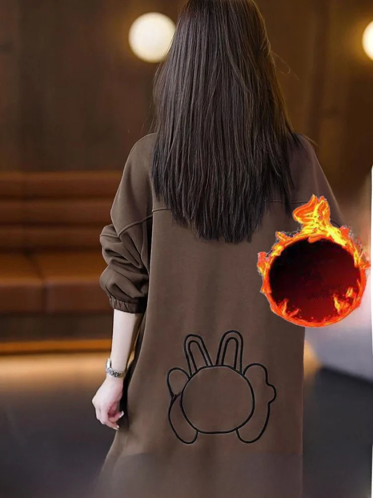 

Женская толстовка больших размеров с начесом, осенне-зимний топ в корейском стиле, с круглым вырезом, удлиненное пальто средней длины