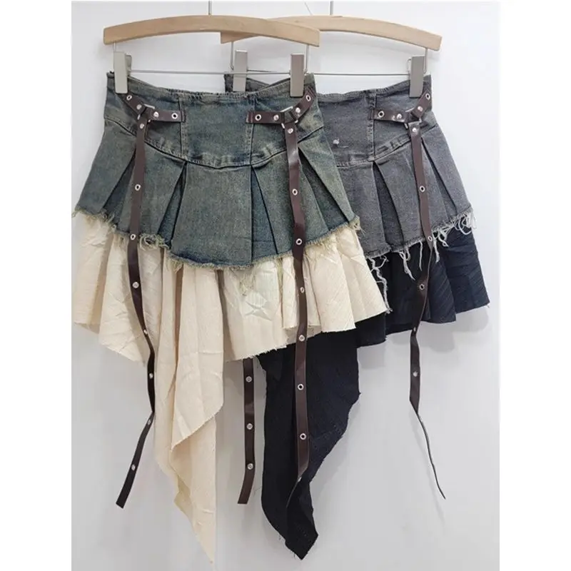 

Retro Spliced Denim Pleated Skirt for Women Summer New Temperament Hot Girl Fashionable High Waist A-line Skirt Chic