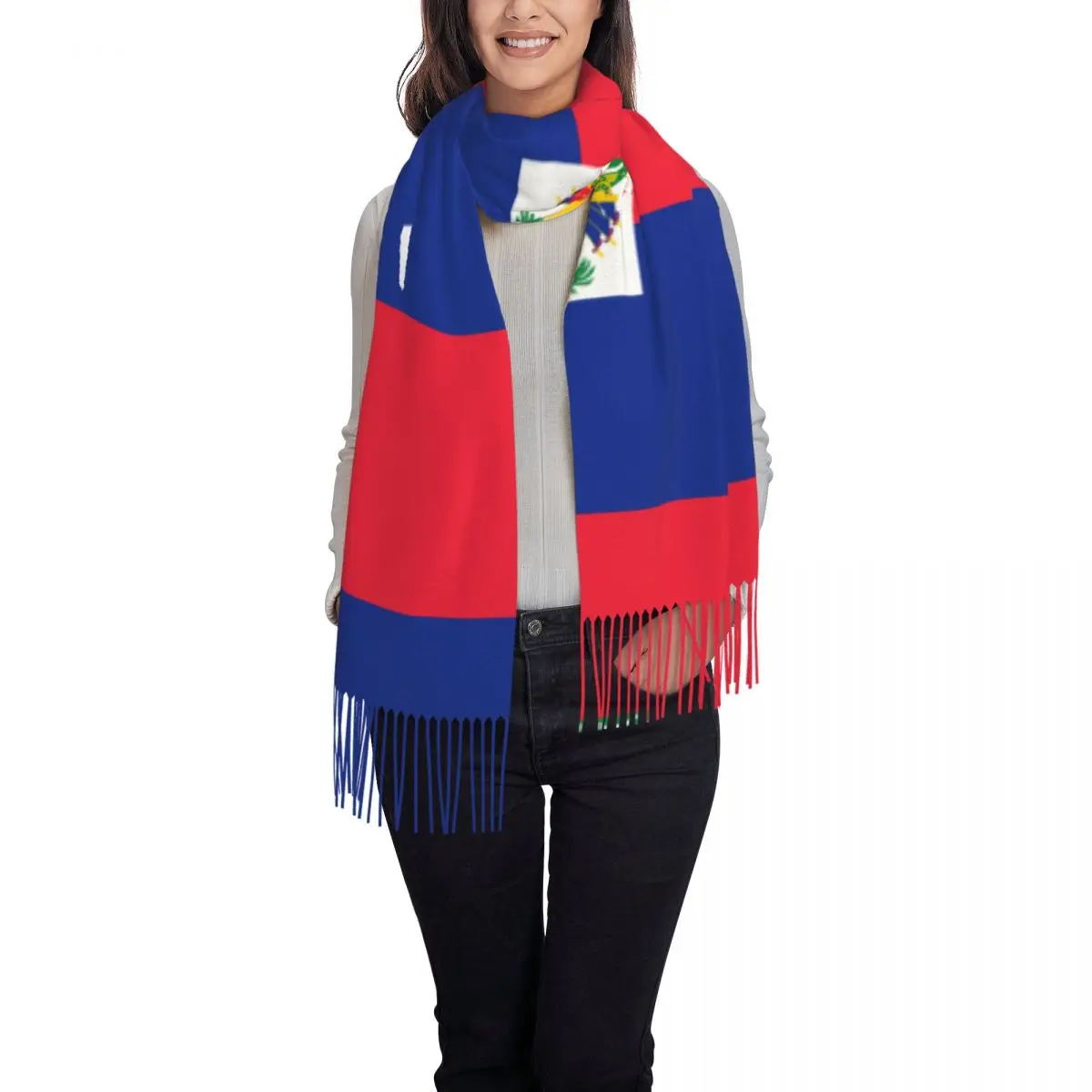 New Women Haiti Flag Scarf Winter Shawls Thin Wrap Lady Tassel Warm Scarf Hairy Bufanda