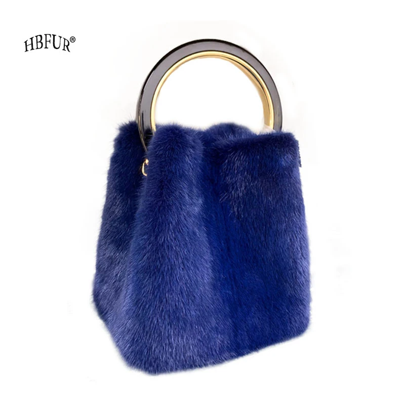 Bolsa de luxo Real Mink Fur para mulheres, moda coreana, iniciadas senhoras, bolsa designer na moda, sacos azuis para meninas, novos