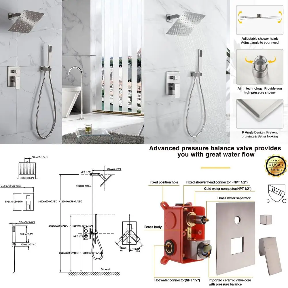 10 Inch Wall-Mounted Luxury Rain Shower System with Handheld, Brushed Nickel Finish