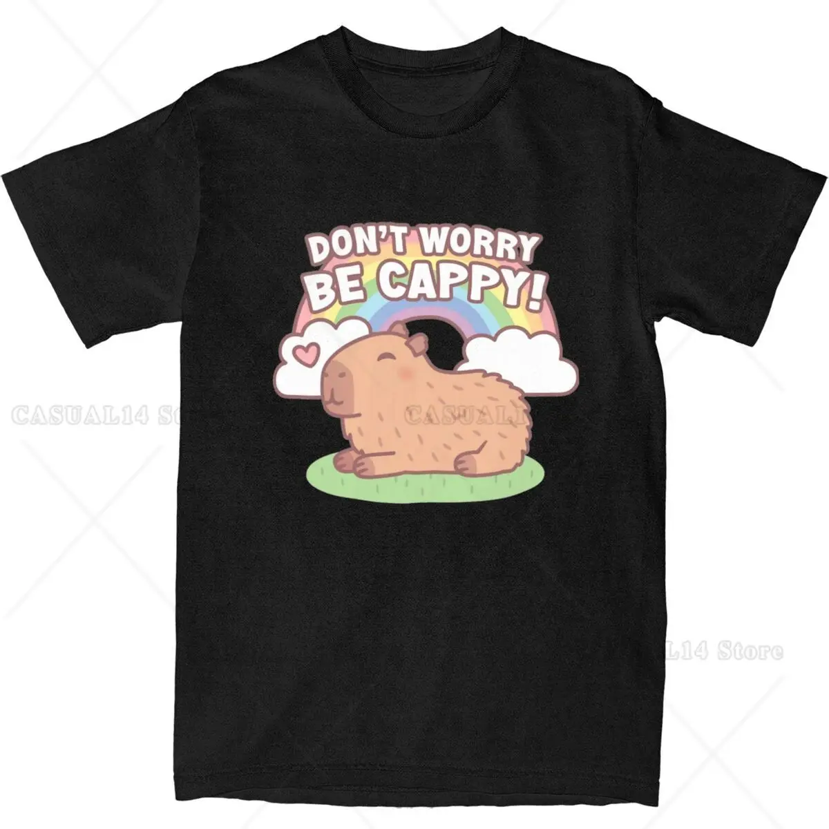 

Cute Capybara and Rainbow T Shirt Summer Be Cappy Classic T-Shirts Cotton Trend Tee Shirt for Man Short Sleeve Pattern