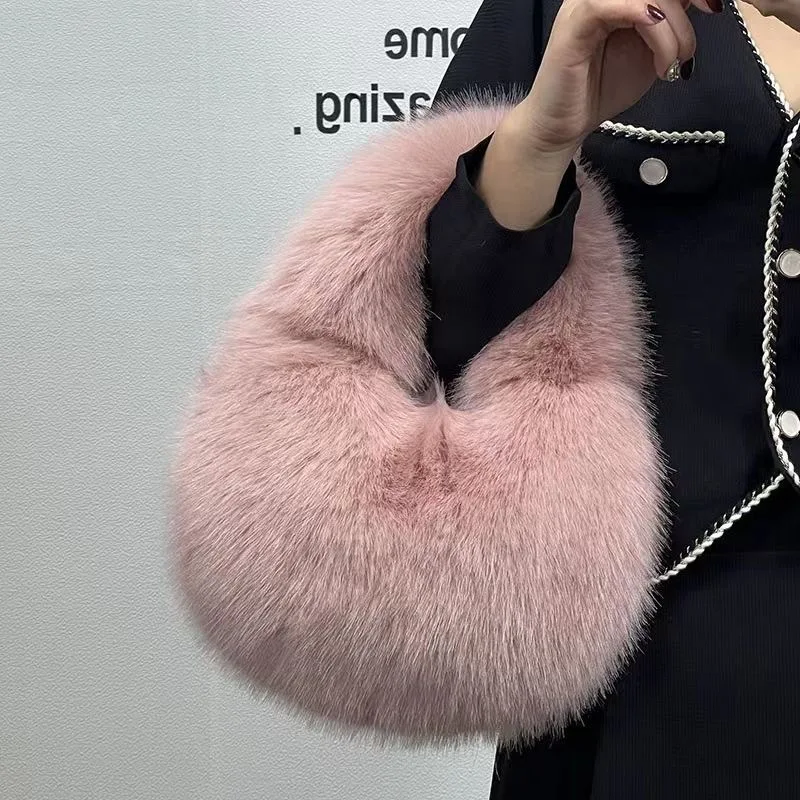 NEW Fur Women\'s Half Moon Bag Luxury Warm Plush Wrist Bags for Women Fashion Furry Short Handle Clutch Cute Ladies Coin Purses