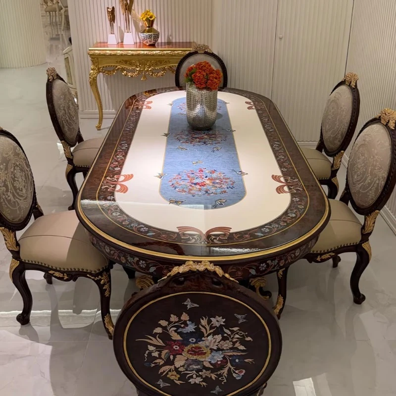 Large traditional wood veneer dining table with a base is a rectangular dining table