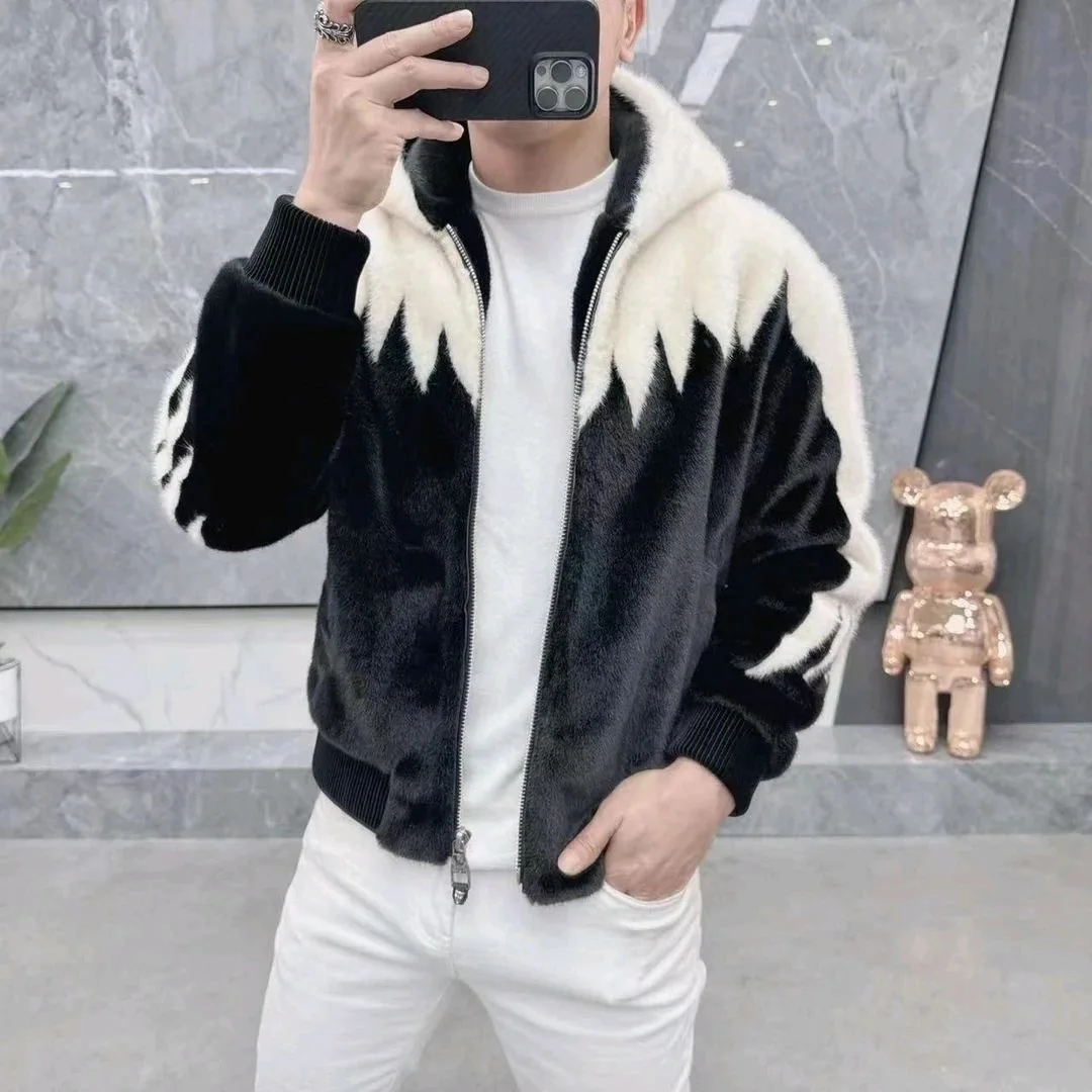 Chaqueta de piel sintética de retales de piel de visón dorada de invierno para hombre, chaqueta cálida con capucha gruesa, ropa de calle informal de negocios, abrigo Social