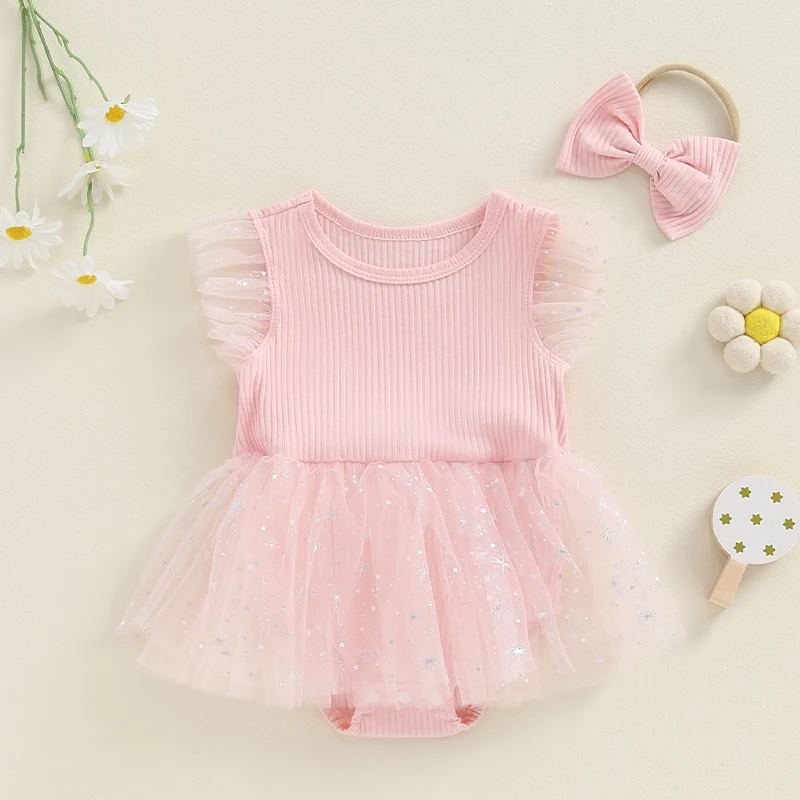 Summer Clothes Toddler Baby Romper Infant Girl Glitter Print Fly Sleeve Tulle Patchwork Bodysuit Jumpsuit with Headband Set