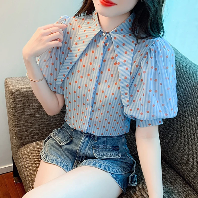 Fashion Summer Polka dot Print Elegant Shirts Loose Turn down Collar Short Puff Sleeve Blouses Vintage Casual Blue Tops 27484