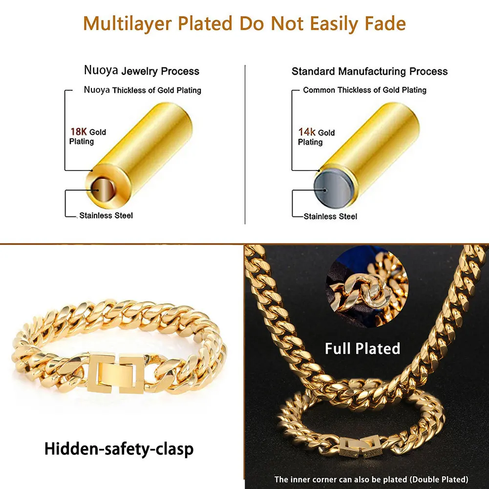 6-16mm Gold Color 316L Stainless Steel Curb Cuban Link Chain Bracelet Bangle Jewelry 7-9inch for Men Women