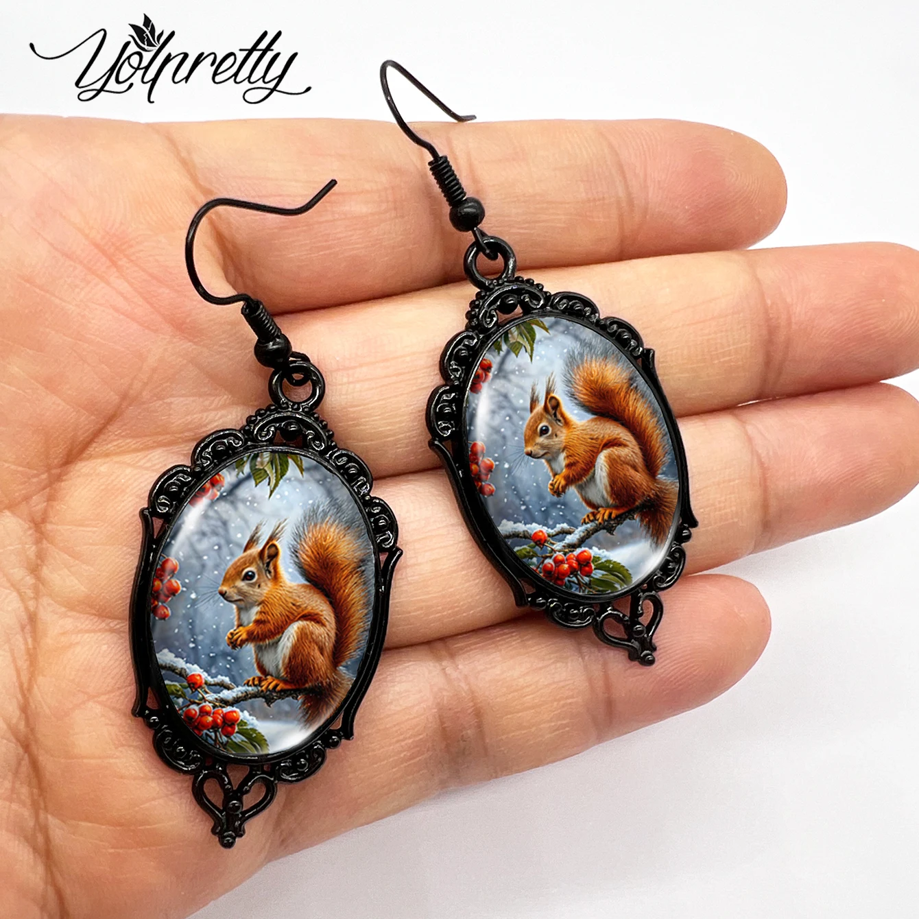 New Snowy Squirrel Loves berries Picture Oval Glass Cabochon Handmade Fish Hook Black Flower Shaped Dangle Earrings