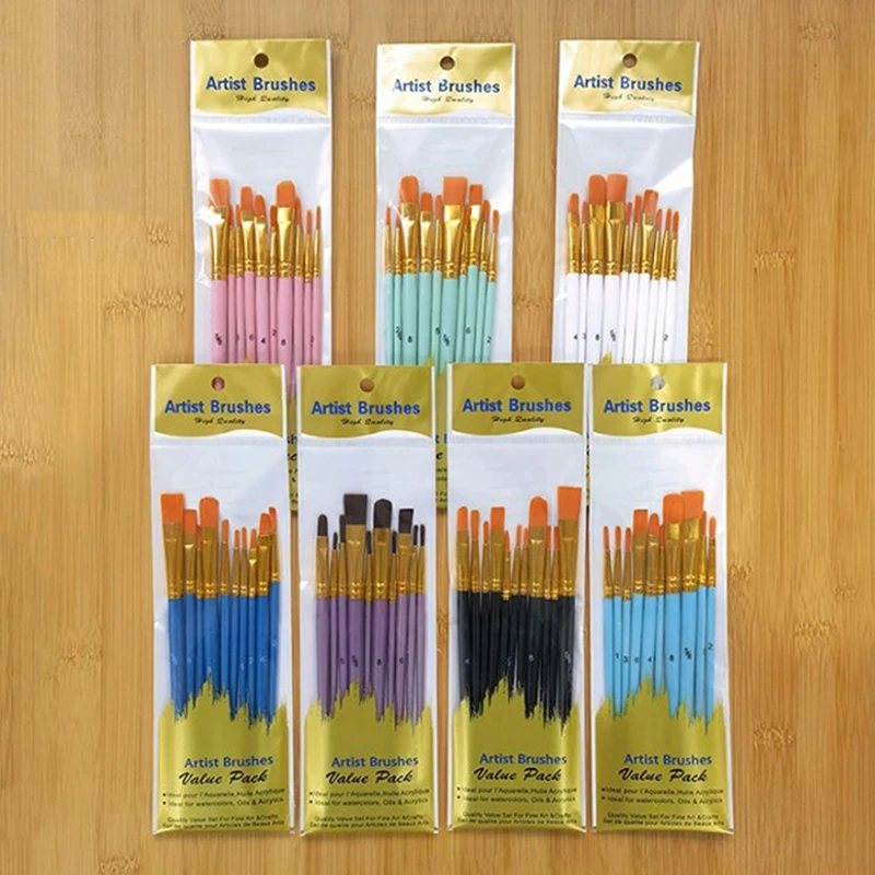 Nylon Pintura Escova Set, haste curta, óleo Acrílico Escova, Caneta Aquarela, Arte Profissional Suprimentos, 10 pcs