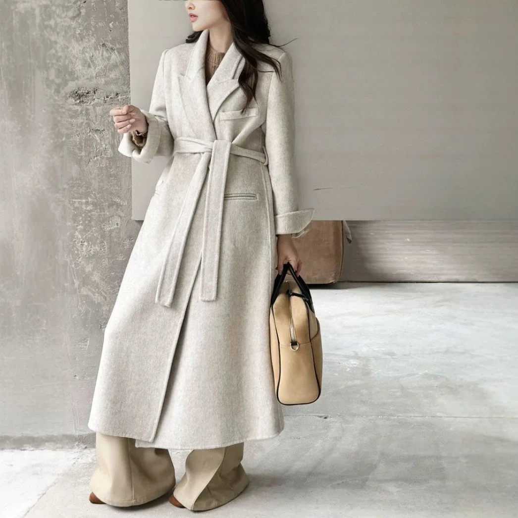 New Autumn Winter Korean Style Loose Double-Faced Wool Coat, Solid Color Belted Notch Lapel Extra Long Outerwear