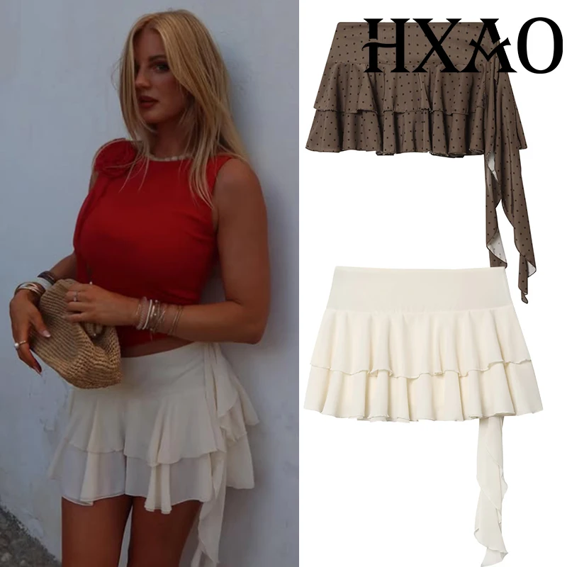 HXAO 水玉ミニスカートショーツ フリルレイヤードスカートパンツ 女性用 フェアリーフリル ベージュ レディーススカート プリーツ ブラウン シフォンスカート