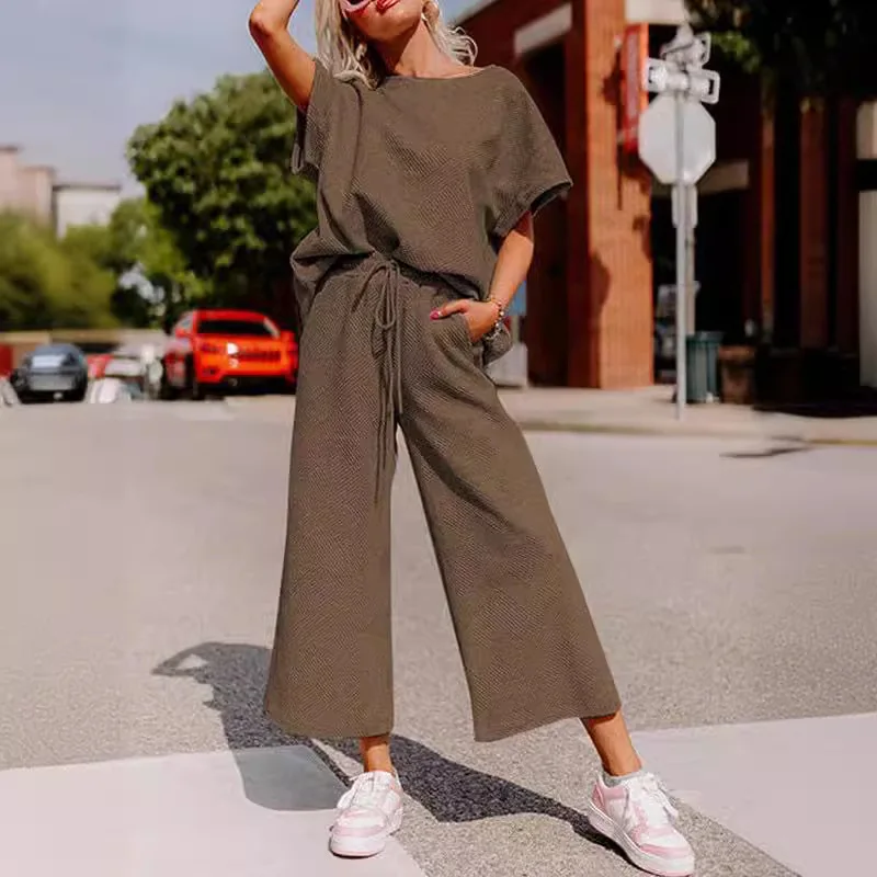 Summer Women's Suit Fashion Solid Color Two Piece Set Casual Loose V Neck Top And Loose Wide Legs Trousers Set 2025 Sportswear