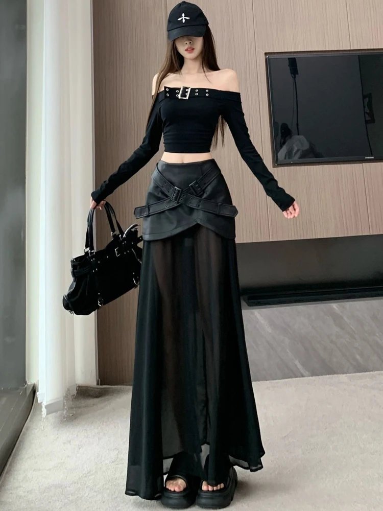 

Fashion Women's Mesh Splicing PU Leather Long Skirt High Waist Solid Color A-line Skirts 2025 Autumn New Collection
