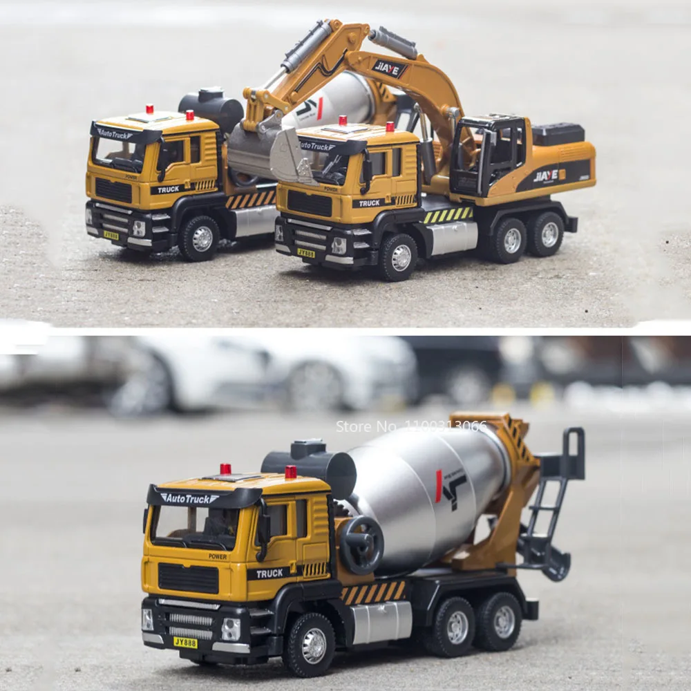 1/50 Scale Mixer Truck Toy Models Cars with Light Music Excavator Wheel Pull Back Engineering Vehicles for Kids Birthday Present