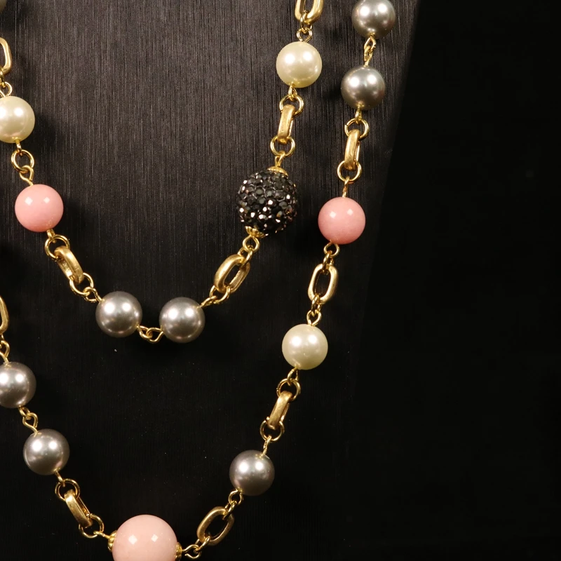 Pink Stone Gray Pearls Long Pendant Trendy Statement Necklace