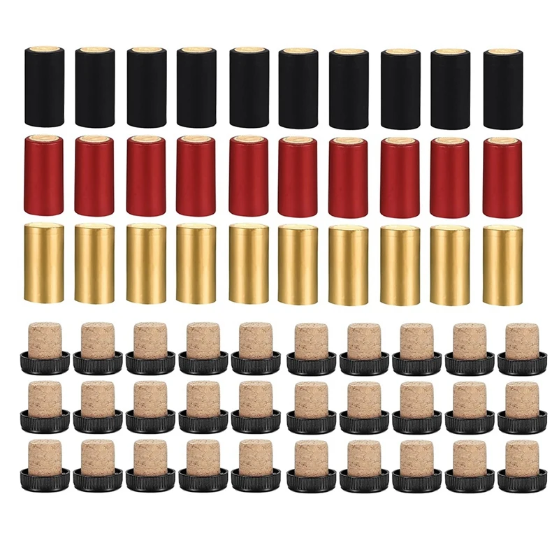 60Pcs Wine Sealer Wine Bottle Corks For Wine Bottles, 30Pcs Wine Bottle Cork Stoppers And 30Pcs PVC Heat Shrink Capsule