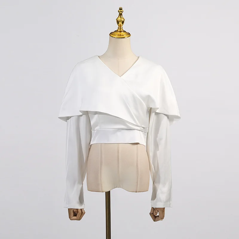 Chemisier châle minimaliste pour femmes, Cape à manches longues, col en v, chemise courte Chic, hauts élégants, esthétique, Slim, printemps été 2025